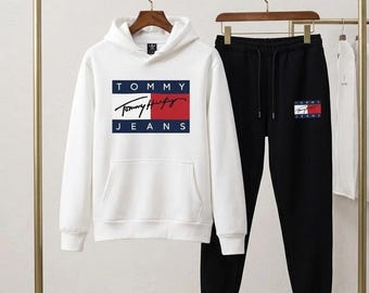Unisex White and Black Sweatsuit Hoodie Joggers Unisex Printed Logo Fleece Tracksuit Streetwear Set