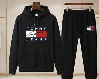 Unisex Black Sweatsuit Hoodie Joggers Men's Tommy Style Printed Logo Fleece Tracksuit