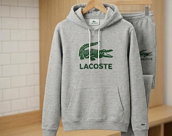 Men's Heather Grey Sweat suit Hoodie Joggers Lacoste Style Fleece Tracksuit Unisex Matching Set