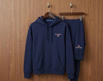 Men's Polo Ralph Lauren Blue Sweatsuit Hoodie Joggers Printed Logo Fleece Tracksuit Polo Streetwear