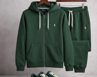 Men's Green Fleece Tracksuit Zipper Hoodie Sweatpants Polo Style Streetwear Set
