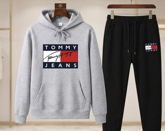 Unisex Grey Sweatsuit Hoodie Joggers Men's Tommy Style Printed Logo Fleece Tracksuit