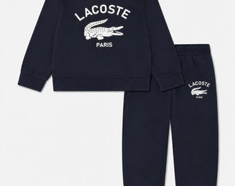 Men's Lacoste Inspired Logo Navy Fleece Hoodie Sweatpants Tracksuit Set Jogging Streetwear Outfit