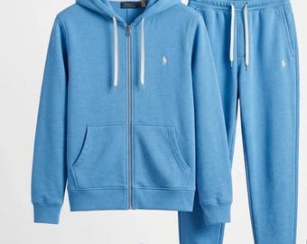 Mens Polo Ralph Lauren Sky BlueSweatsuit Hoodie Joggers Printed Logo Fleece Tracksuit Polo Streetwear