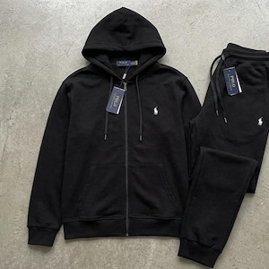 Chándal negro con capucha y pantalón deportivo Polo Ralph Lauren para hombre, estampado con logo, de felpa. Ropa urbana Polo.
