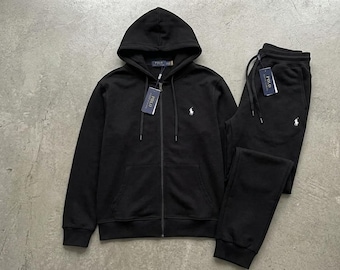 Men's Polo Ralph Lauren Black Sweatsuit Hoodie Joggers Printed Logo Fleece Tracksuit Polo Streetwear
