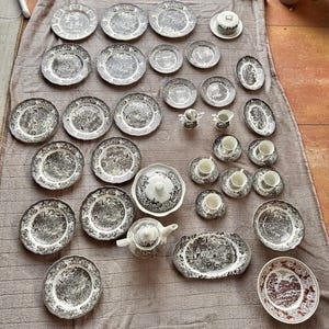 Può includere: Una collezione di stoviglie in porcellana bianca e nera, tra cui piatti, tazze, piattini, una teiera e vassoi da portata. I piatti presentano un dettagliato disegno paesaggistico. La disposizione è su un panno grigio.