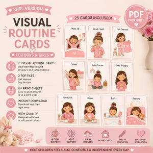 Op de afbeelding: Visuele routinekaarten voor kinderen, met 23 kaarten met dagelijkse activiteiten. De kaarten zijn ontworpen om structuur en onafhankelijkheid op te bouwen, met een meisjesversie beschikbaar. Inclusief afdrukbare PDF-bestanden en A4-afdrukbladen. Ontworpen met zachte pastelkleuren.
