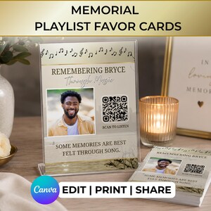 May include: Memorial playlist favor cards with the text "Remembering Bryce" and a photo. The cards include a QR code to scan and listen, with the text "Some memories are best felt through song." The cards are displayed with a candle and a framed picture.