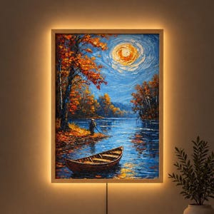 Puede incluir: Una pieza de arte mural rectangular con una pintura al óleo de un bote solitario en un río tranquilo al atardecer. La escena incluye árboles de otoño de colores naranja y amarillo, un sol brillante en el cielo azul y una persona en la orilla.