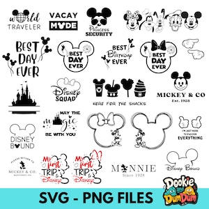 May include: A collection of black and white SVG and PNG files featuring various Disney-themed designs. Includes text like "World Traveler," "Best Day Ever," and character outlines, perfect for crafting projects.