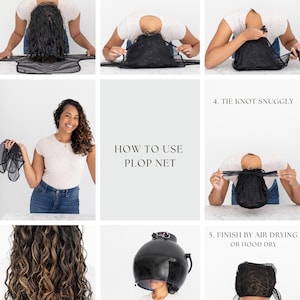 Puede incluir: Gu&iacute;a paso a paso sobre c&oacute;mo usar una red plop para cabello rizado. La imagen muestra el proceso, incluyendo doblar, atar y secar al aire. El texto "HOW TO USE PLOP NET" se muestra en el centro.