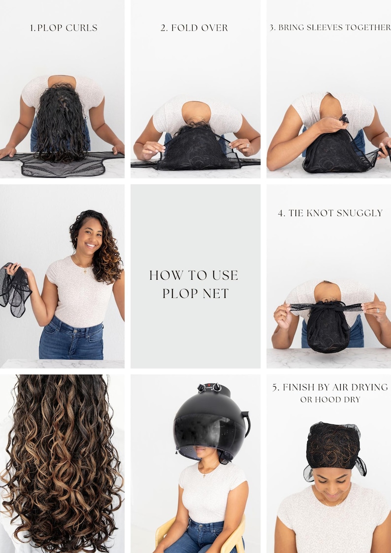 Puede incluir: Gu&iacute;a paso a paso sobre c&oacute;mo usar una red plop para cabello rizado. La imagen muestra el proceso, incluyendo doblar, atar y secar al aire. El texto "HOW TO USE PLOP NET" se muestra en el centro.