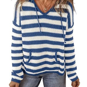 Blue Stripe V Neck Pocketed Drawstring Hooded Sweatercotton 4
