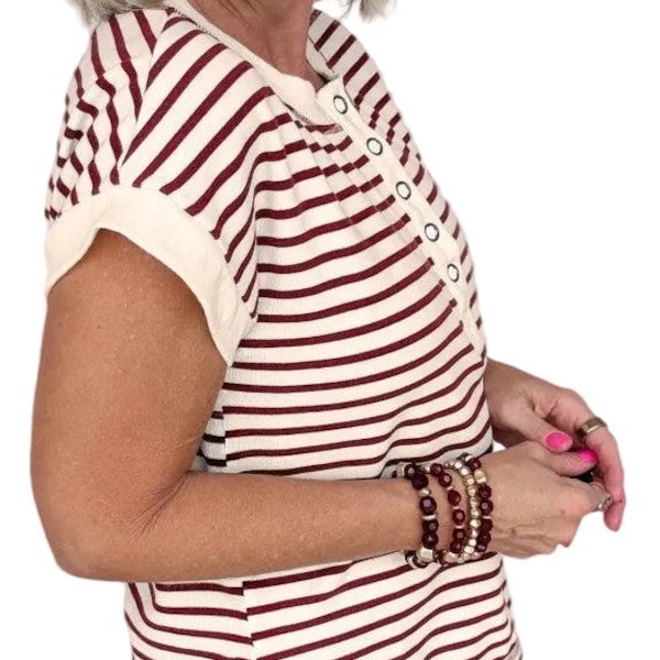 Burgundy Stripe Half Buttons Round Neck T Shirt
