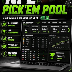 May include: A digital NFL Pick'em Pool spreadsheet template for Excel and Google Sheets displayed on a laptop screen. The interface shows a dashboard with season standings, weekly matchups, and a live leaderboard with neon green accents.