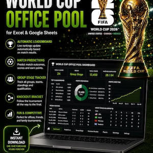 May include: A promotional image for a World Cup Office Pool, designed for Excel and Google Sheets. The image features a laptop displaying a dashboard with match predictions, standings, and a knockout bracket. A golden FIFA World Cup trophy is also visible.