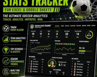 Soccer Stats Tracker Spreadsheet | Coach Dashboard, Player & Team Analytics (Google Sheets Download)
