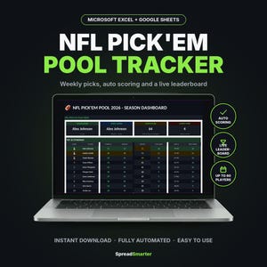 May include: A laptop displaying an NFL Pick'em Pool 2026 season dashboard for Microsoft Excel and Google Sheets. The screen shows a leaderboard with player names, scores, and statistics. Three circular icons highlight auto scoring, a live leaderboard, and support for up to 60 players.