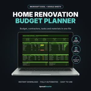 Puede incluir: Un port&aacute;til que muestra una hoja de c&aacute;lculo de planificador de presupuesto de renovaci&oacute;n para Microsoft Excel y Google Sheets. La pantalla muestra un panel con tablas de seguimiento de presupuesto, contratistas y tareas en verde y negro. El texto incluye Room Budgets, Task Timeline y Contractor Quotes.