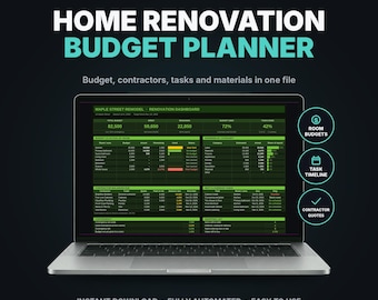 Puede incluir: Un portátil que muestra una hoja de cálculo de planificador de presupuesto de renovación para Microsoft Excel y Google Sheets. La pantalla muestra un panel con tablas de seguimiento de presupuesto, contratistas y tareas en verde y negro. El texto incluye Room Budgets, Task Timeline y Contractor Quotes.