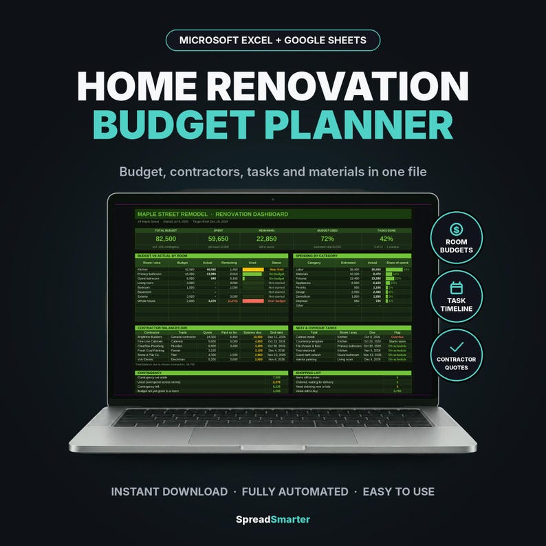 Puede incluir: Un port&aacute;til que muestra una hoja de c&aacute;lculo de planificador de presupuesto de renovaci&oacute;n para Microsoft Excel y Google Sheets. La pantalla muestra un panel con tablas de seguimiento de presupuesto, contratistas y tareas en verde y negro. El texto incluye Room Budgets, Task Timeline y Contractor Quotes.
