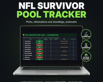 May include: A laptop displaying an NFL Survivor Pool 2026 leaderboard spreadsheet. The screen shows player names, status, weeks survived, teams used, and last pick. Text includes Microsoft Excel + Google Sheets, NFL Survivor Pool Tracker, and features like auto elimination, live standings, and up to 50 players.
