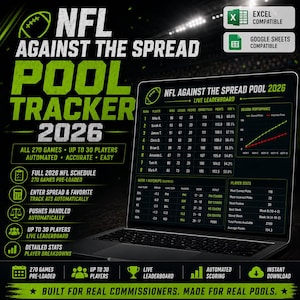 Może przedstawiać: Cyfrowy tracker zakładów NFL Against The Spread Pool Tracker 2026 wyświetlony na ekranie laptopa. Interfejs zawiera tabelę wyników na żywo, wykresy wydajności sezonowej oraz tabele z cotygodniowymi zestawieniami meczów.