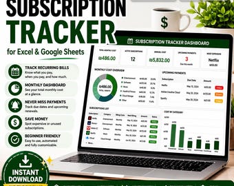 Subscription Tracker for Excel and Google Sheets | Monthly Bills & Subscription Budget Planner