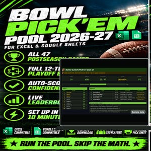 Op de afbeelding: Een digitaal spreadsheet-sjabloon voor een 2026-27 college football bowl pick'em pool, compatibel met Excel en Google Sheets. De afbeelding bevat felgroene tekst op een donkere achtergrond en toont functies zoals 47 postseason-wedstrijden, een live klassement en geautomatiseerde puntentelling.