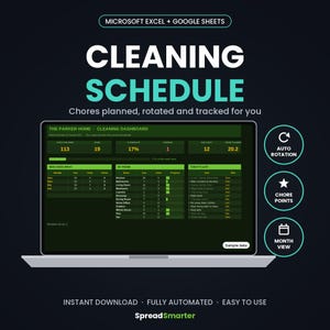 May include: A digital cleaning schedule dashboard for Microsoft Excel and Google Sheets displayed on a laptop screen. The interface features green text and data tables on a dark background, including sections for chores, rooms, and points.