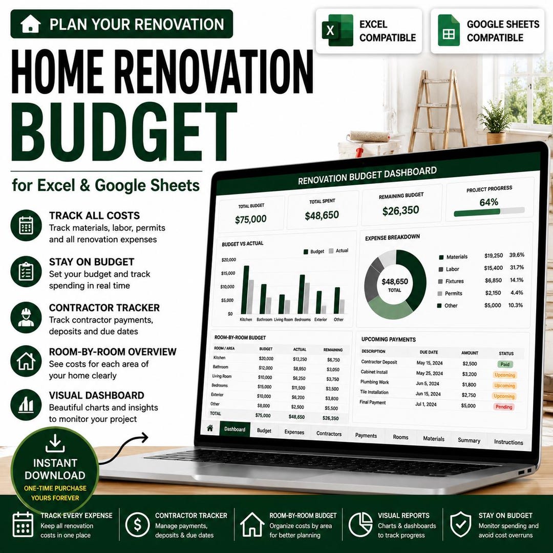 Home Renovation Budget Spreadsheet for Excel and Google Sheets ...
