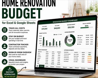 Home Renovation Budget Spreadsheet for Excel and Google Sheets | Remodel Cost & Project Planner