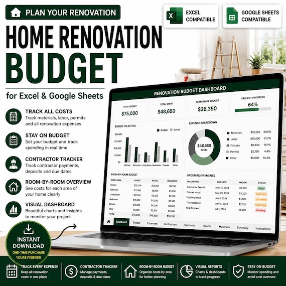 Home Renovation Budget Spreadsheet for Excel and Google Sheets | Remodel Cost & Project Planner