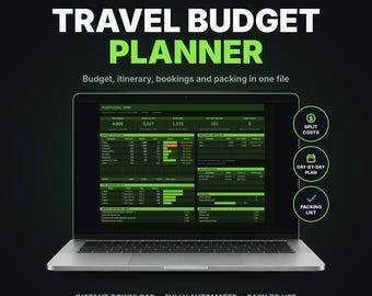 Puede incluir: Un portátil que muestra una hoja de cálculo de planificador de presupuesto de viaje para Microsoft Excel y Google Sheets. La pantalla muestra datos de presupuesto, itinerario y equipaje en texto verde sobre fondo negro. Tres iconos circulares destacan costes divididos, planes diarios y listas de equipaje.