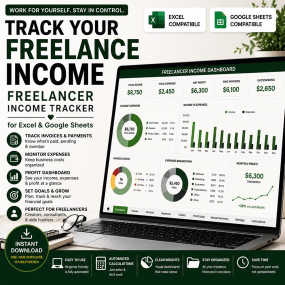 Freelancer Income Tracker for Excel & Google Sheets | Freelance Budget and Expense Spreadsheet