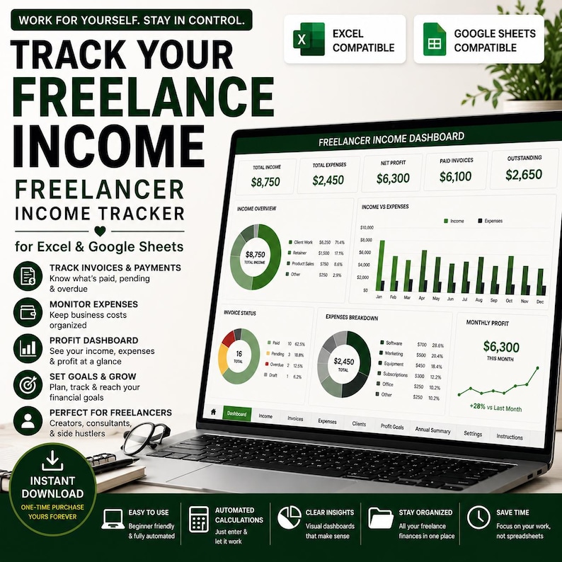 K&ouml;nnte beinhalten: Ein Laptop zeigt ein Freelancer-Einkommens-Dashboard f&uuml;r Excel und Google Sheets. Der Bildschirm zeigt Finanzdaten, Diagramme und Grafiken. Der Text lautet "Verfolgen Sie Ihr Freelancer-Einkommen" und "Sofortiger Download."