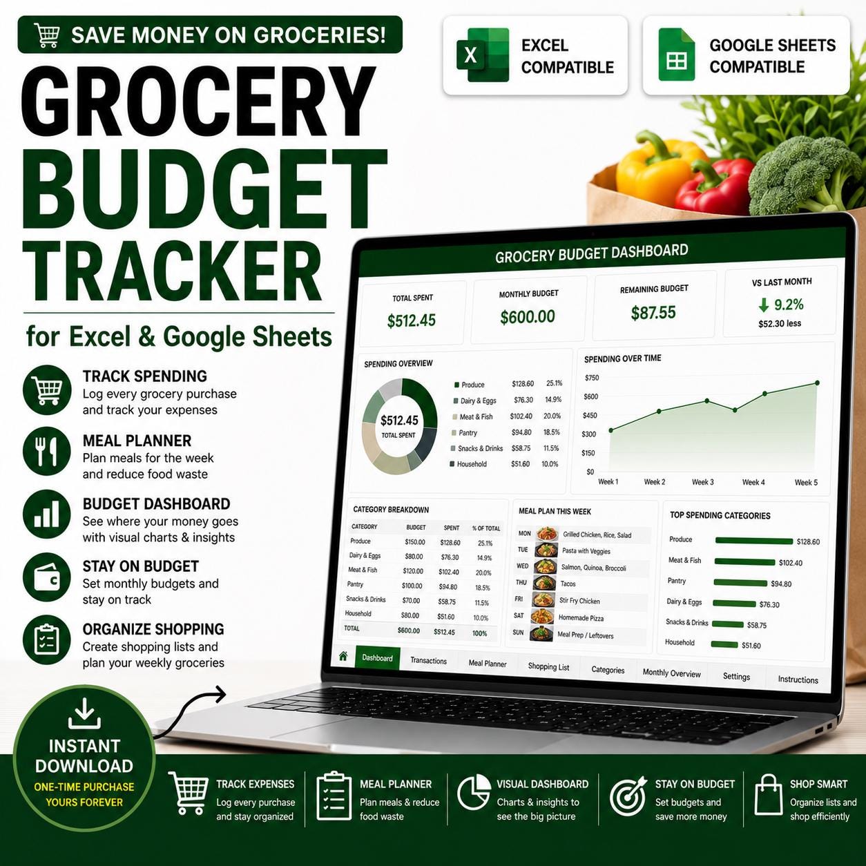 Grocery Budget Tracker for Excel and Google Sheets Meal Planning & Expense Spreadsheet