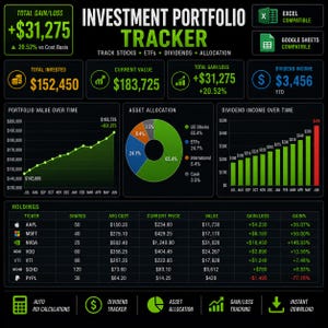 Puede incluir: Un panel de seguimiento de cartera de inversiones con fondo negro y texto verde. Muestra datos financieros que incluyen ganancia total, valor actual, ingresos por dividendos, gráficos de sectores, gráficos lineales y una tabla de acciones.