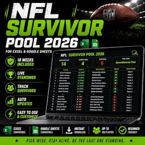 May include: A digital NFL Survivor Pool 2026 spreadsheet tracker displayed on a laptop screen. The interface shows player standings, team picks, and status updates. Features include 18 weeks, live standings, and compatibility with Excel and Google Sheets.