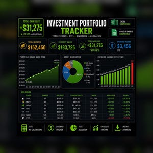 Hoja de cálculo de Excel para el seguimiento de carteras de inversión / Seguimiento de acciones y ETF / Panel de dividendos / Plantilla de Google Sheets
