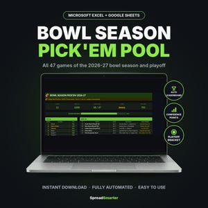 Op de afbeelding: Een laptopscherm toont een Bowl Season Pick'em Pool-spreadsheet voor Microsoft Excel en Google Sheets. De interface bevat een klassement, vertrouwenspunten en een play-off schema voor het seizoen 2026-27 met 47 wedstrijden.