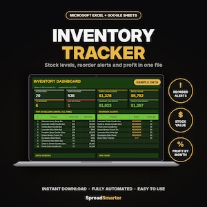 May include: A digital inventory tracker spreadsheet for Microsoft Excel and Google Sheets displayed on a laptop screen. The dashboard shows active SKUs, stock value, retail value, revenue, profit, top sellers, and reorder alerts in a table.