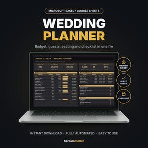 Puede incluir: Un portátil que muestra una plantilla de planificador de bodas para Microsoft Excel y Google Sheets. La pantalla presenta datos de presupuesto, invitados y listas de verificación con texto como Jordan & Riley Wedding Planner.