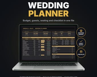Puede incluir: Un portátil que muestra una plantilla de planificador de bodas para Microsoft Excel y Google Sheets. La pantalla presenta datos de presupuesto, invitados y listas de verificación con texto como Jordan & Riley Wedding Planner.
