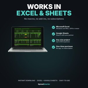 Puede incluir: Un port&aacute;til muestra un panel financiero verde con el texto WORKS IN EXCEL & SHEETS. Las caracter&iacute;sticas incluyen compatibilidad con Microsoft Excel y Google Sheets, soporte para hasta 500 gastos y un modelo de compra &uacute;nica. Texto: INSTANT DOWNLOAD, EXCEL + GOOGLE SHEETS, EASY TO USE, SpreadSmarter.