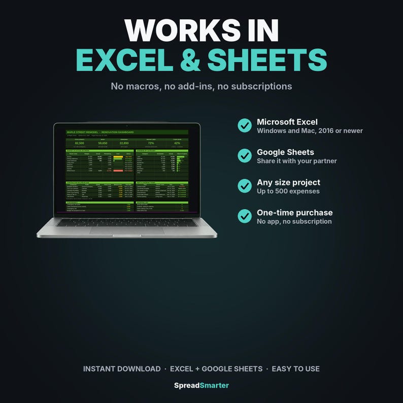 Puede incluir: Un port&aacute;til muestra un panel financiero verde con el texto WORKS IN EXCEL & SHEETS. Las caracter&iacute;sticas incluyen compatibilidad con Microsoft Excel y Google Sheets, soporte para hasta 500 gastos y un modelo de compra &uacute;nica. Texto: INSTANT DOWNLOAD, EXCEL + GOOGLE SHEETS, EASY TO USE, SpreadSmarter.
