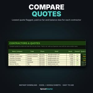 Puede incluir: Una plantilla de hoja de c&aacute;lculo digital titulada COMPARE QUOTES con una tabla llamada CONTRACTORS & QUOTES. La tabla enumera columnas para nombre, oficio, tel&eacute;fono, correo electr&oacute;nico, presupuesto y estado de elecci&oacute;n.