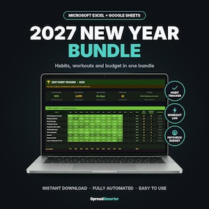 May include: A laptop displaying a 2027 New Year Bundle habit tracker spreadsheet for Microsoft Excel and Google Sheets. The screen shows a green and black interface with habit completion heatmaps, workout logs, and budget tracking tools.