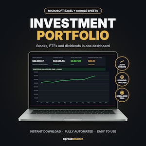 Foglio di calcolo Excel per il monitoraggio del portafoglio investimenti / Monitoraggio di azioni ed ETF / Dashboard dei dividendi / Modello per Fogli Google